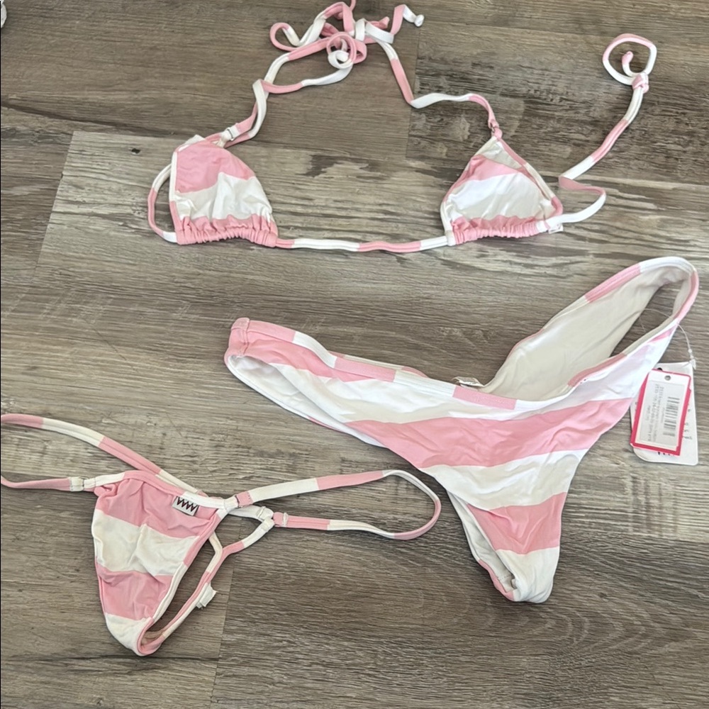 Pink and White Striped Triangle Bikini Set